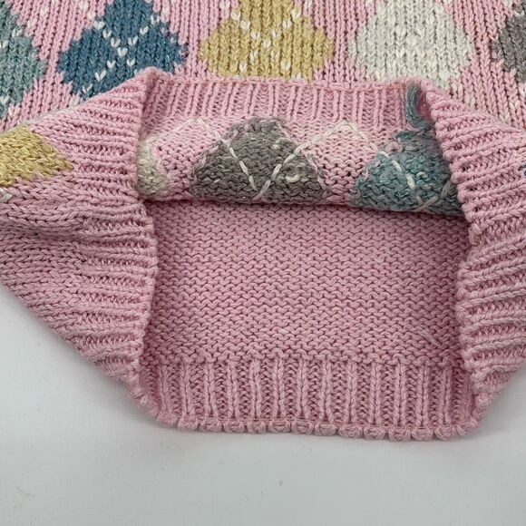 80’s Vintage hand-knit pastel pink argyle sweater-vest ramie metallic Large - Picture 4 of 12